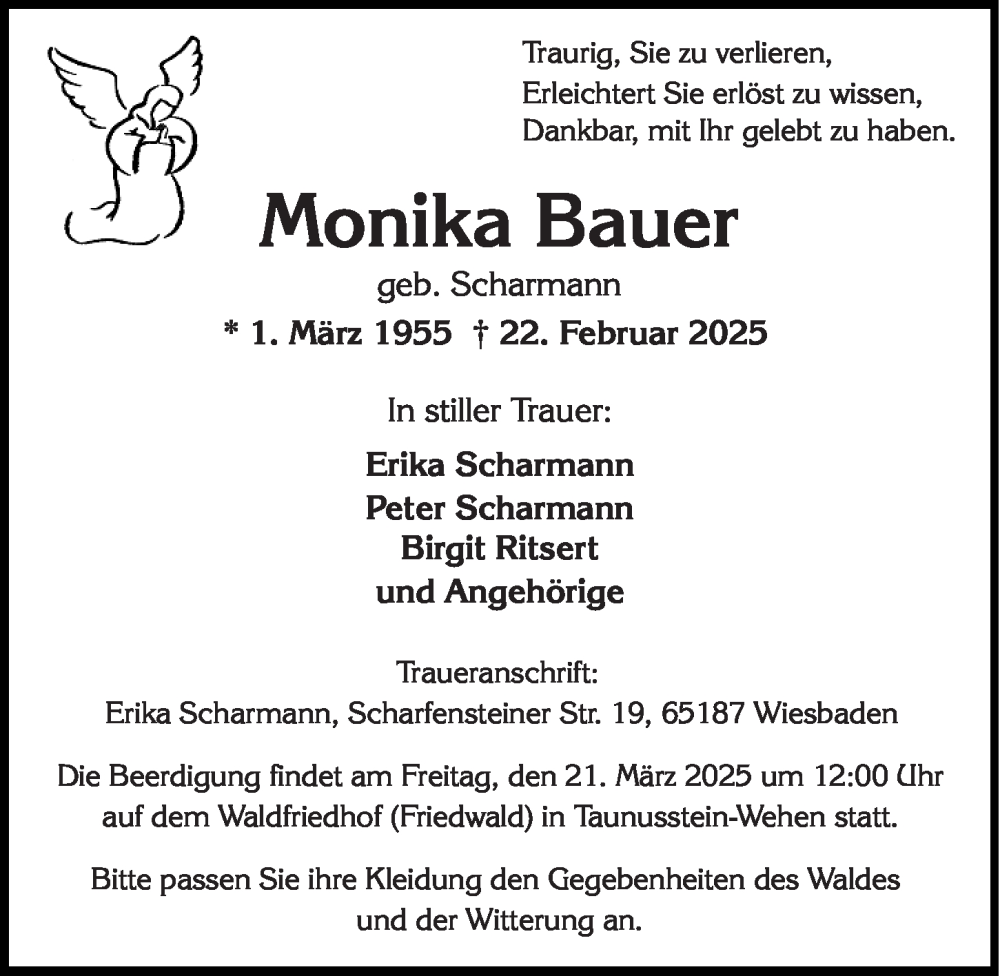  Traueranzeige für Monika Bauer vom 08.03.2025 aus Wiesbadener Kurier