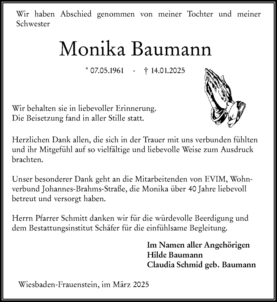  Traueranzeige für Monika Baumann vom 15.03.2025 aus Wiesbadener Kurier