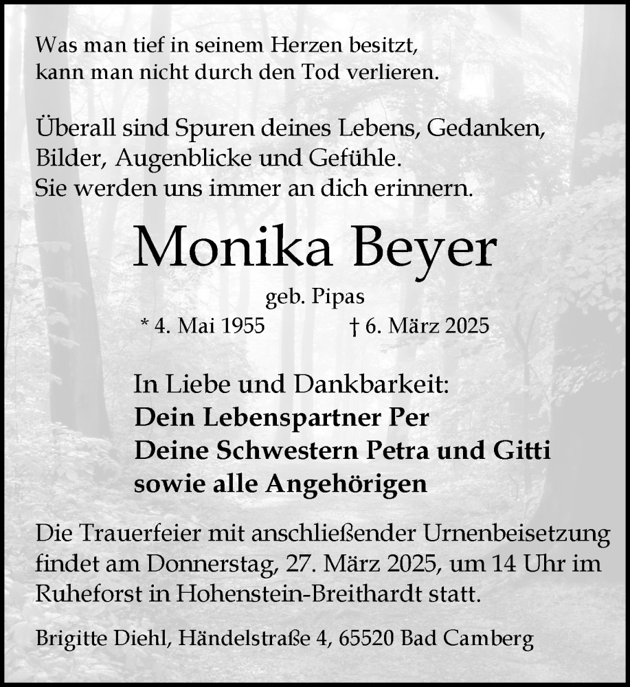  Traueranzeige für Monika Beyer vom 22.03.2025 aus Wiesbadener Kurier