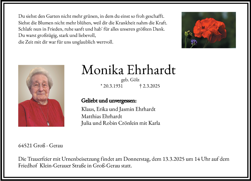  Traueranzeige für Monika Ehrhardt vom 08.03.2025 aus Groß-Gerauer Echo
