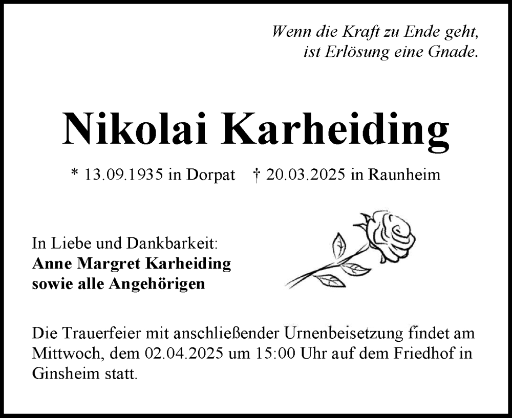  Traueranzeige für Nikolai Karheiding vom 29.03.2025 aus Allgemeine Zeitung Mainz