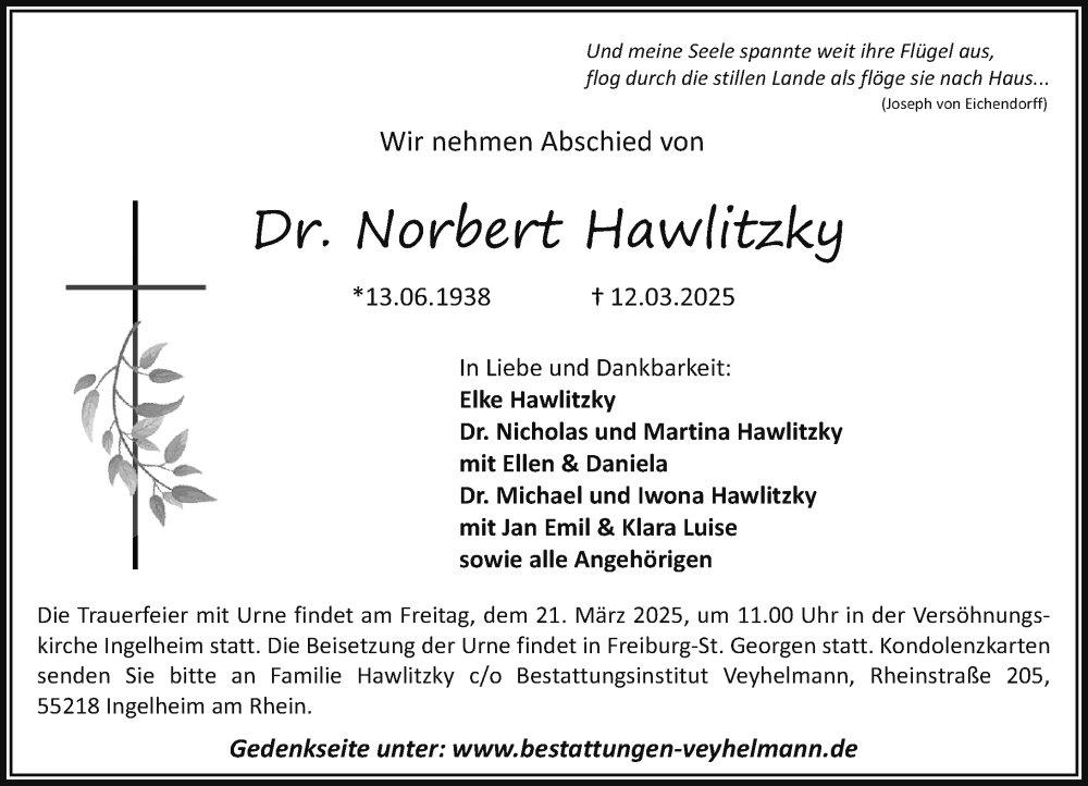  Traueranzeige für Norbert Hawlitzky vom 15.03.2025 aus Allgemeine Zeitung Rheinhessen-Nahe