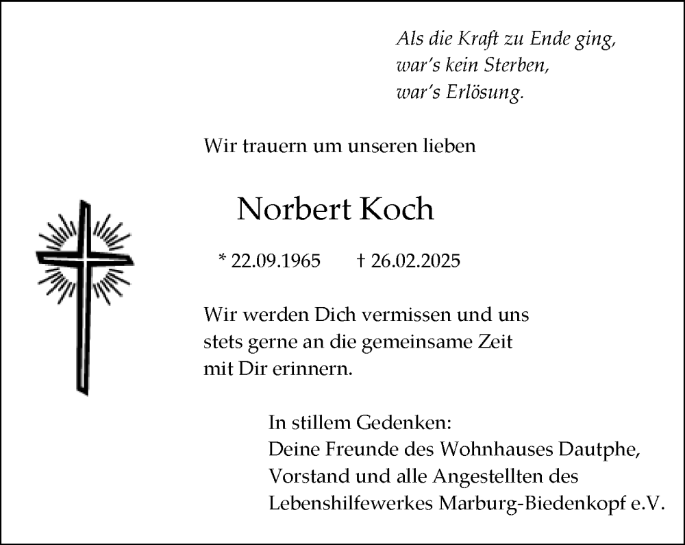  Traueranzeige für Norbert Koch vom 15.03.2025 aus Hinterländer Anzeiger