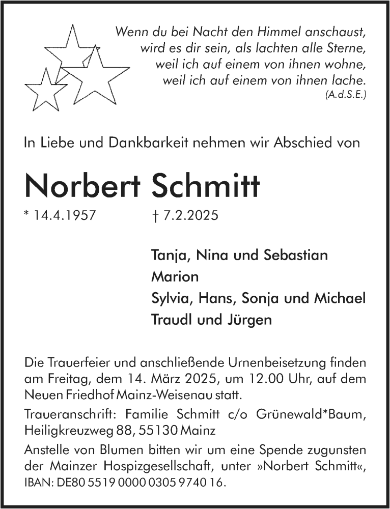  Traueranzeige für Norbert Schmitt vom 01.03.2025 aus Allgemeine Zeitung Mainz