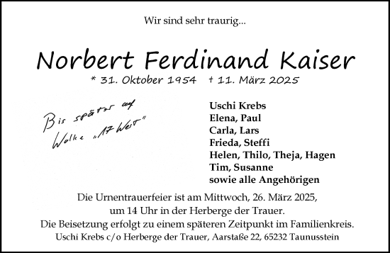 Traueranzeige von Norbert Ferdinand Kaiser von Wiesbadener Kurier