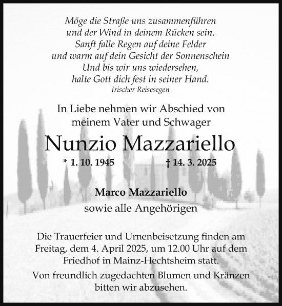 Traueranzeige von Nunzio Mazzariello von Allgemeine Zeitung Mainz