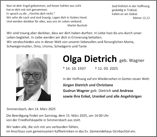 Traueranzeige von Olga Dietrich von Dill Block