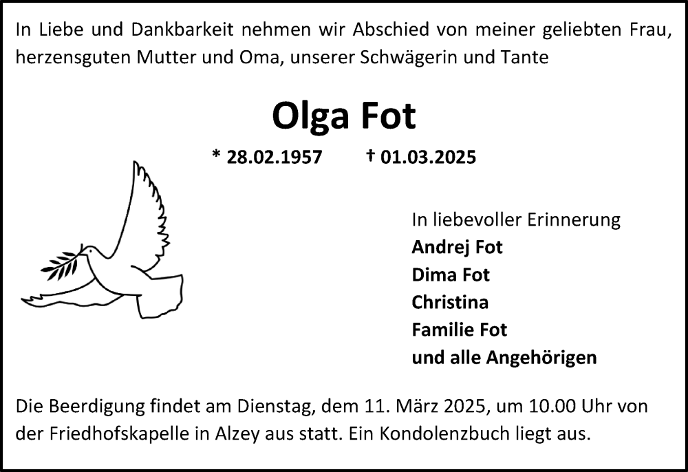 Traueranzeige für Olga Fot vom 08.03.2025 aus Allgemeine Zeitung Alzey