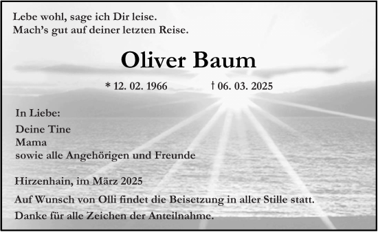 Traueranzeige von Oliver Baum von Dill Block