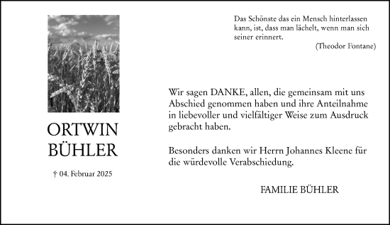 Traueranzeige von Ortwin Bühler von Allgemeine Zeitung Mainz