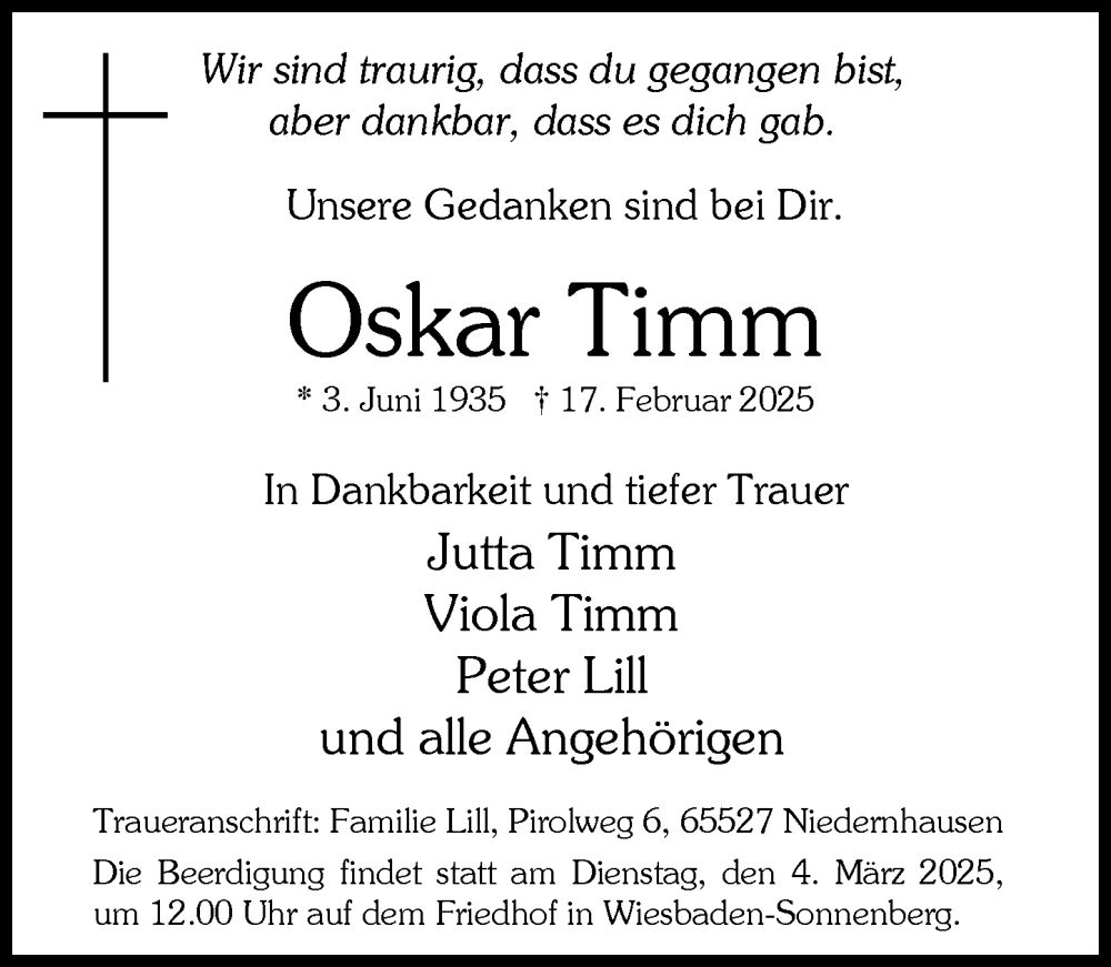  Traueranzeige für Oskar Timm vom 01.03.2025 aus Wiesbadener Kurier
