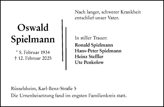 Traueranzeige von Oswald Spielmann von Rüsselsheimer Echo