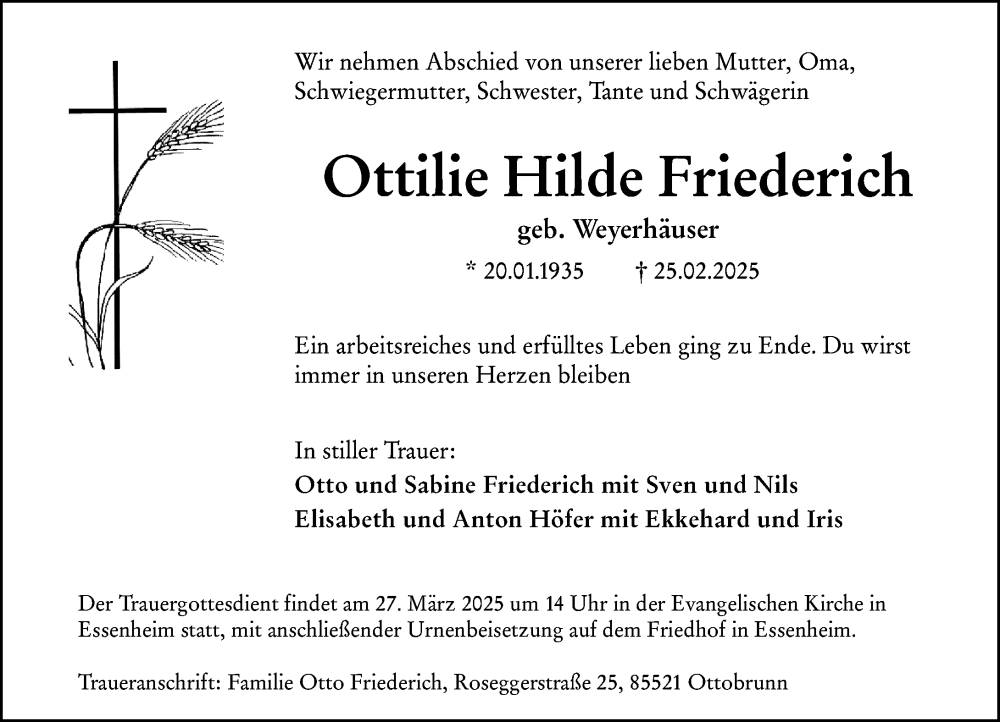  Traueranzeige für Ottilie Hilde Friederich vom 07.03.2025 aus Allgemeine Zeitung Alzey