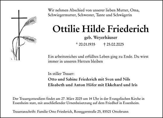 Traueranzeige von Ottilie Hilde Friederich von Allgemeine Zeitung Alzey
