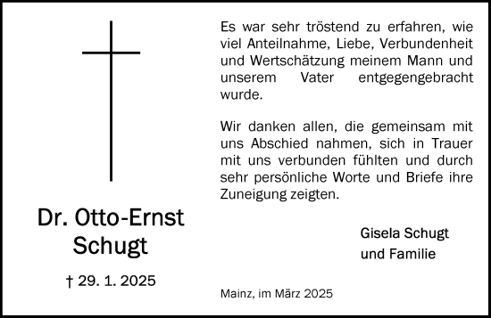 Traueranzeige von Otto-Ernst Schugt von Allgemeine Zeitung Mainz