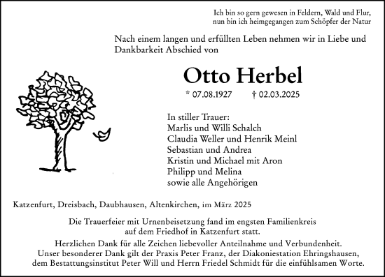 Traueranzeige von Otto Herbel von Wetzlarer Neue Zeitung