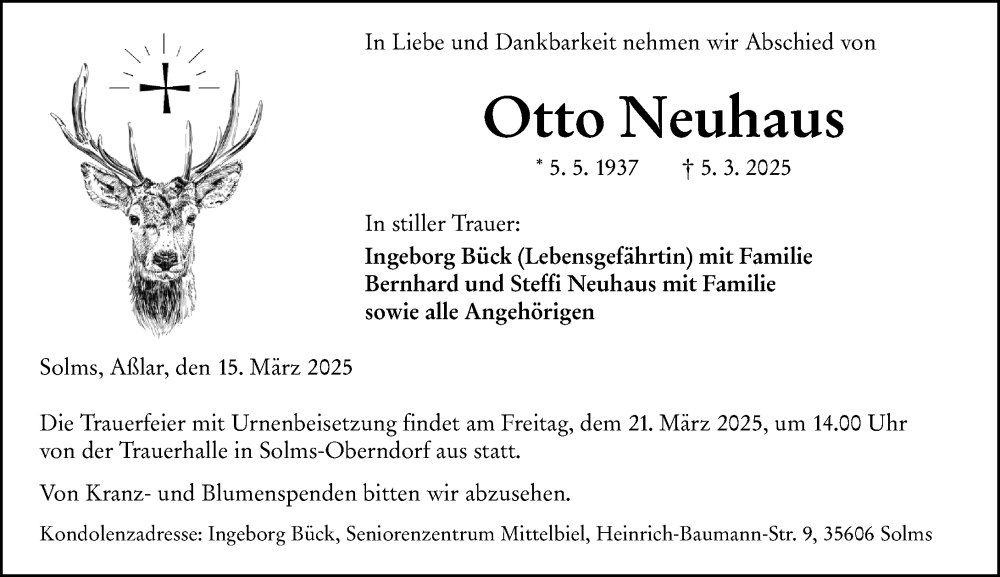  Traueranzeige für Otto Neuhaus vom 15.03.2025 aus Wetzlarer Neue Zeitung