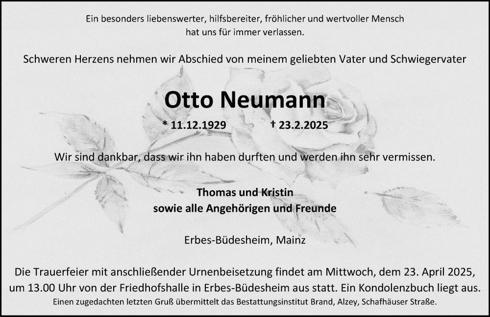  Traueranzeige für Otto Neumann vom 29.03.2025 aus Allgemeine Zeitung Alzey