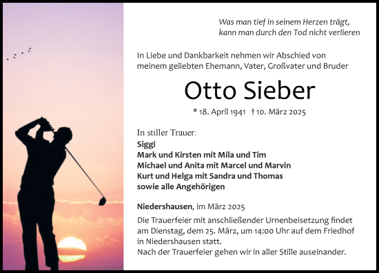 Traueranzeige von Otto Sieber von Weilburger Tageblatt