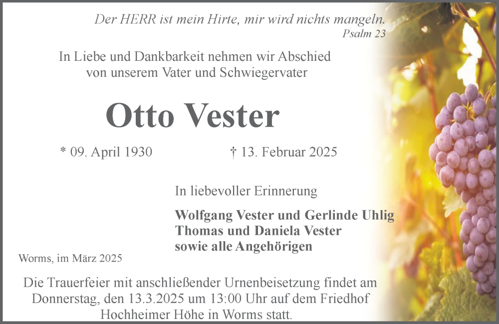  Traueranzeige für Otto Vester vom 11.03.2025 aus Wormser Zeitung