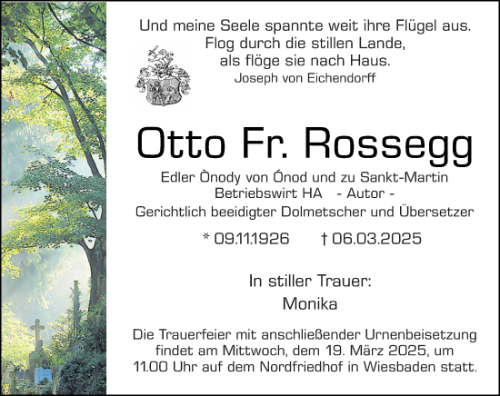 Traueranzeige von Otto Fr. Rossegg von Wiesbadener Kurier