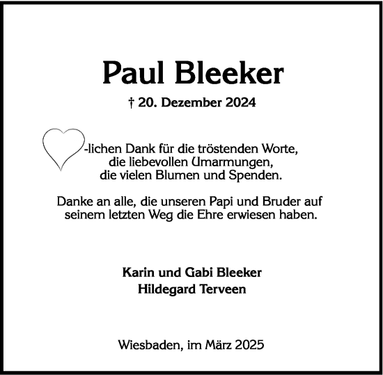 Traueranzeige von Paul Bleeker von Wiesbadener Kurier
