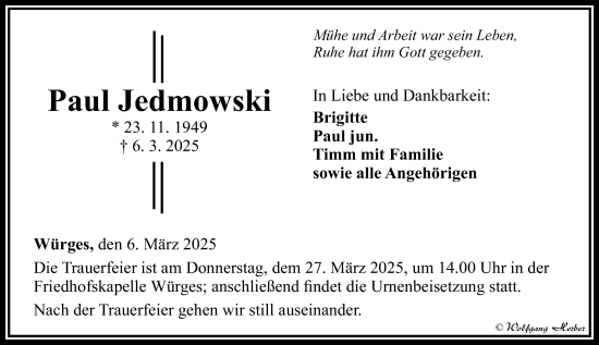 Traueranzeige von Paul Jedmowski von Camberger Anzeiger