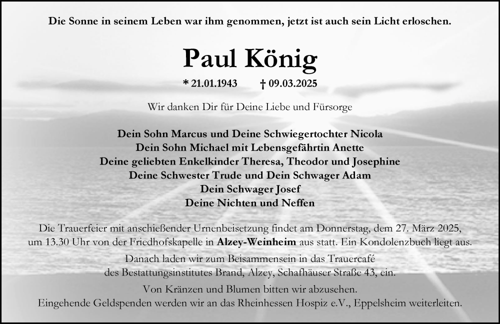  Traueranzeige für Paul König vom 15.03.2025 aus Allgemeine Zeitung Alzey