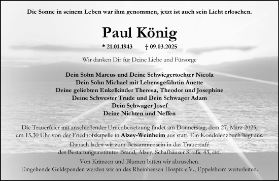 Traueranzeige von Paul König von Allgemeine Zeitung Alzey