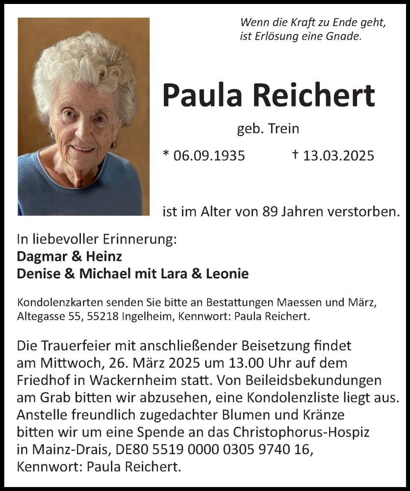  Traueranzeige für Paula Reichert vom 22.03.2025 aus Allgemeine Zeitung Mainz