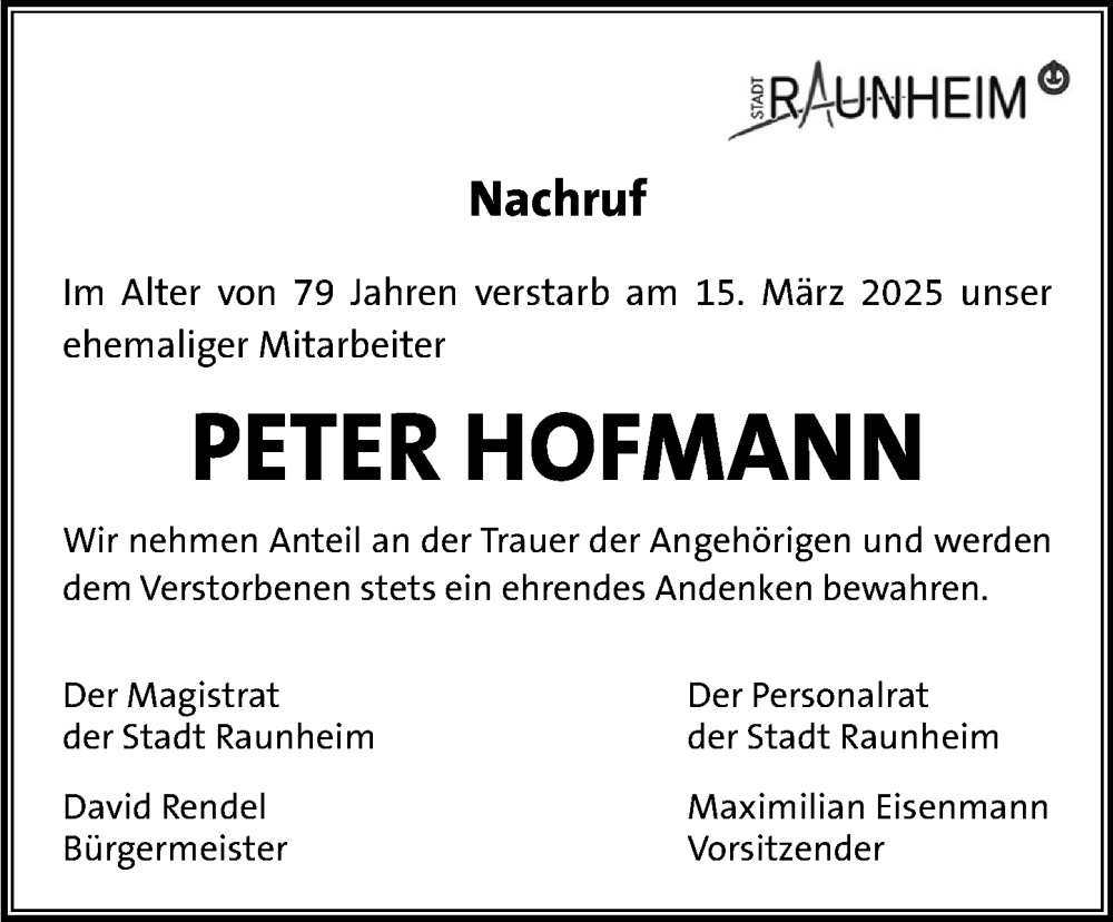  Traueranzeige für Peter Hofmann vom 25.03.2025 aus Rüsselsheimer Echo
