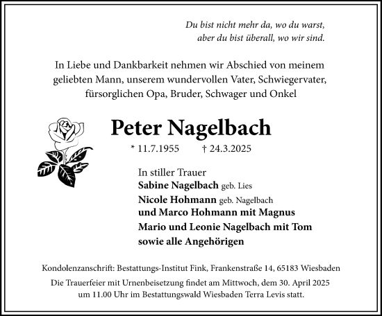 Traueranzeige von Peter Nagelbach von Wiesbadener Kurier