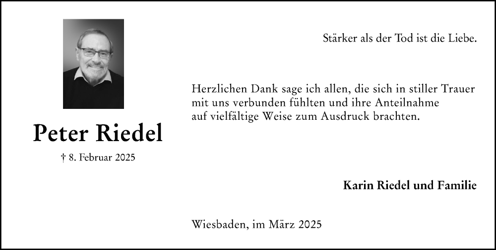  Traueranzeige für Peter Riedel vom 15.03.2025 aus Wiesbadener Kurier