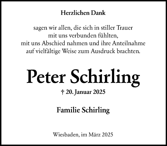 Traueranzeige von Peter Schirling von Wiesbadener Kurier