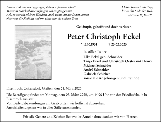 Traueranzeige von Peter Christoph Eckel von Dill Block