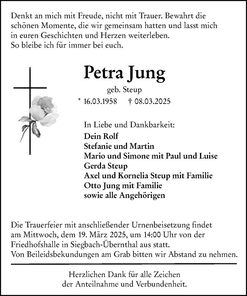  Traueranzeige für Petra Jung vom 15.03.2025 aus Dill Block
