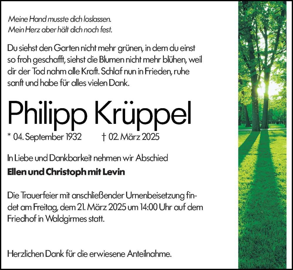  Traueranzeige für Philipp Krüppel vom 15.03.2025 aus Wetzlarer Neue Zeitung