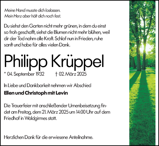 Traueranzeige von Philipp Krüppel von Wetzlarer Neue Zeitung