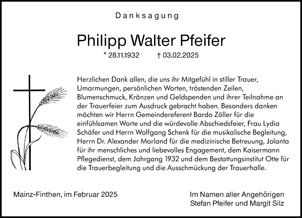  Traueranzeige für Philipp Walter Pfeifer vom 01.03.2025 aus Allgemeine Zeitung Mainz
