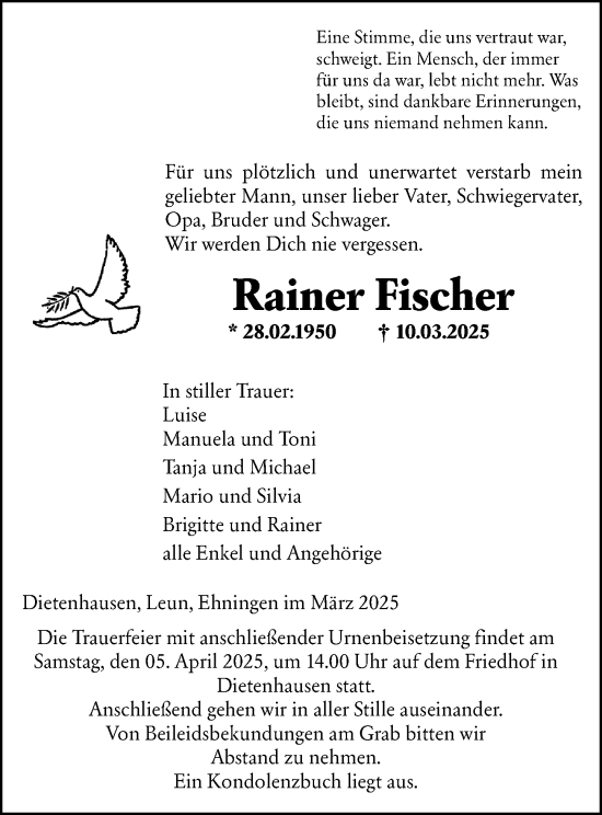 Traueranzeige von Rainer Fischer von Weilburger Tageblatt