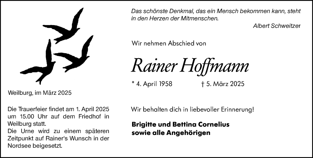  Traueranzeige für Rainer Hoffmann vom 22.03.2025 aus Weilburger Tageblatt