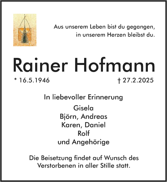 Traueranzeige von Rainer Hofmann von Allgemeine Zeitung Mainz