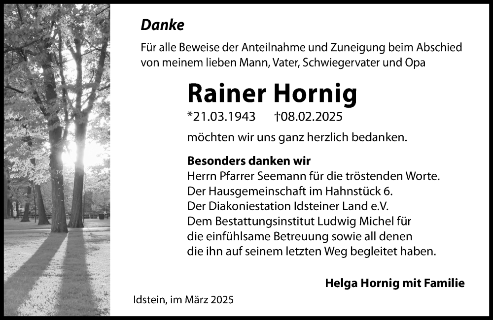  Traueranzeige für Rainer Hornig vom 15.03.2025 aus Idsteiner Land/Untertaunus