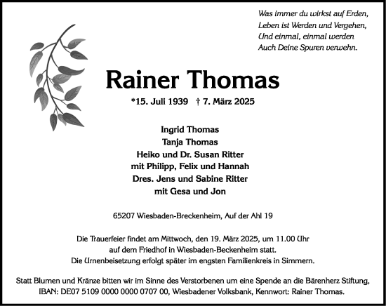 Traueranzeige von Rainer Thomas von Wiesbadener Kurier