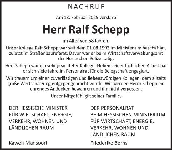 Traueranzeige von Ralf Schepp von Wiesbadener Kurier