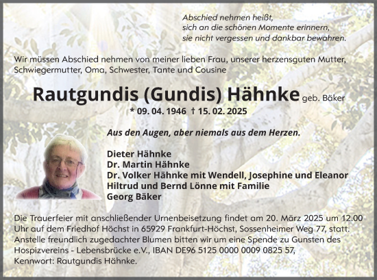 Traueranzeige von Rautgundis Hähnke von Hochheimer Zeitung