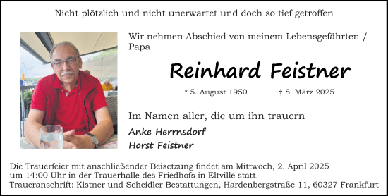Traueranzeige von Reinhard Feistner von Wiesbadener Kurier