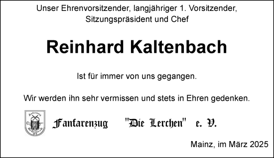 Traueranzeige von Reinhard Kaltenbach von Allgemeine Zeitung Mainz