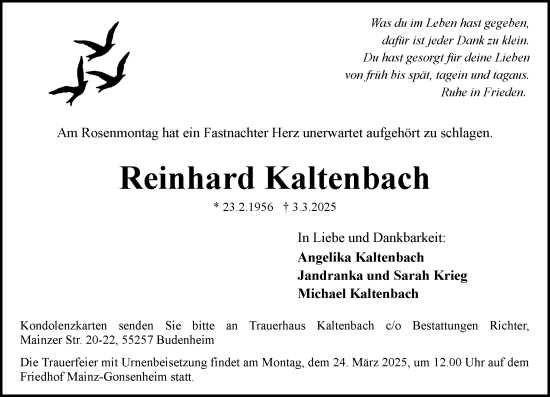 Traueranzeige von Reinhard Kaltenbach von Allgemeine Zeitung Mainz