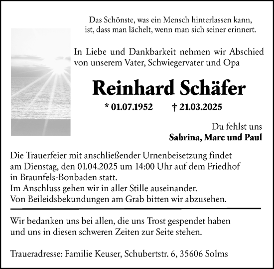 Traueranzeige von Reinhard Schäfer von Wetzlarer Neue Zeitung